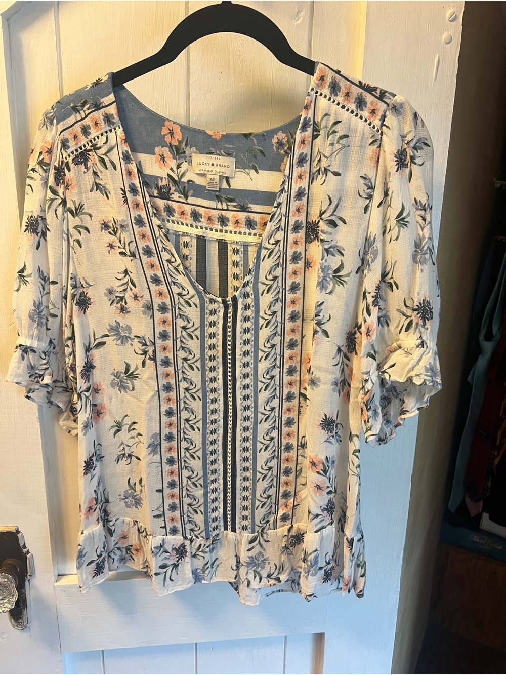 Lucky Brand White Floral Boho Peasant Top with Pink & Blue Accents